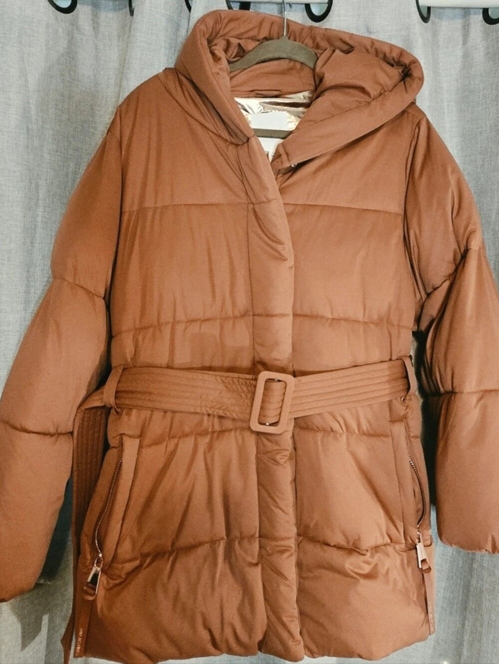 Avec Les Filles Rust-Brown Hooded Belted Puffer Jacket